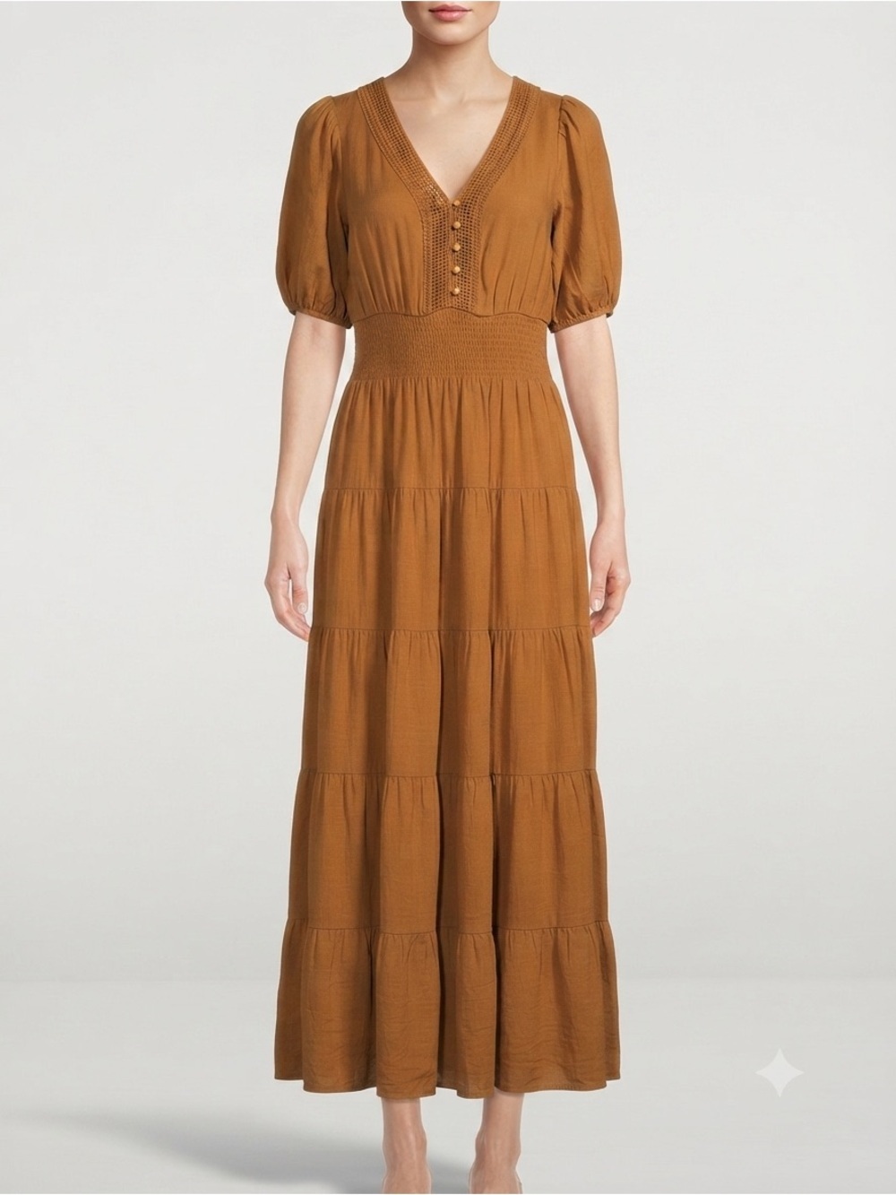 J. Gee Rust Tiered Maxi Dress Crochet Detail Women’s Petite Small